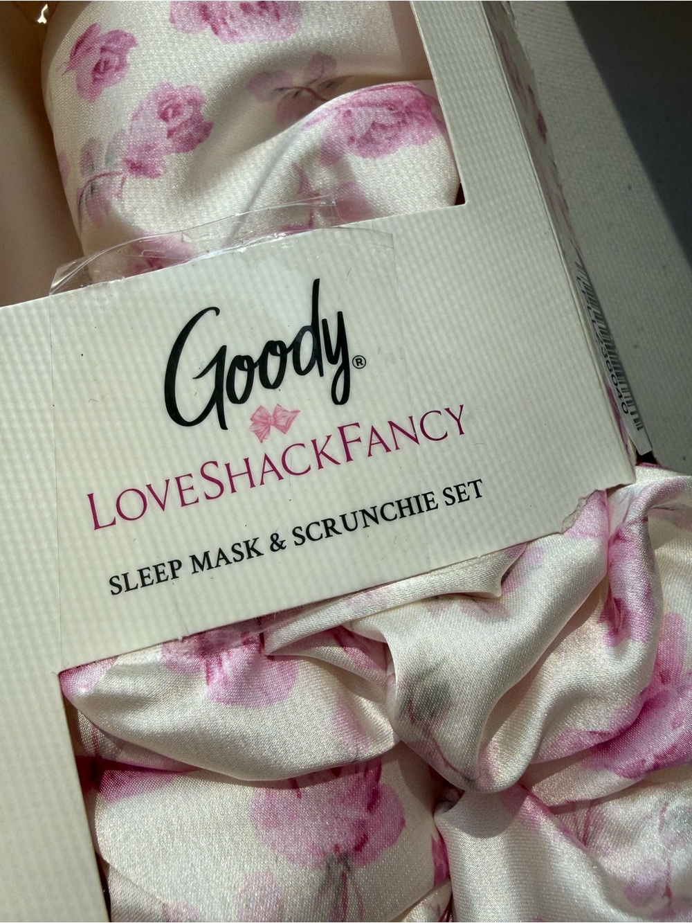 LoveShackFancy x Goody Sleep Eye Mask + Large Scrunchie Set Soft Satin Pink Rose